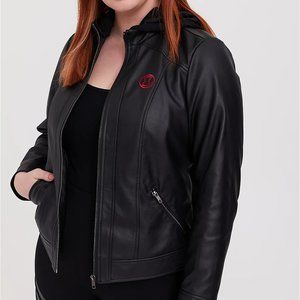 Torrid Her Universe Marvel Black Widow Faux Leather Hooded Jacket Size 4/4X NWT